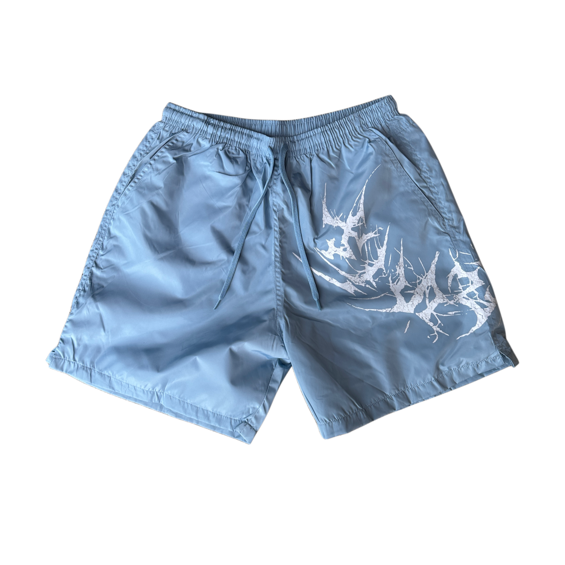 Light blue shorts with light blue drawstrings and white lettering on the left leg reading “KINSANE”