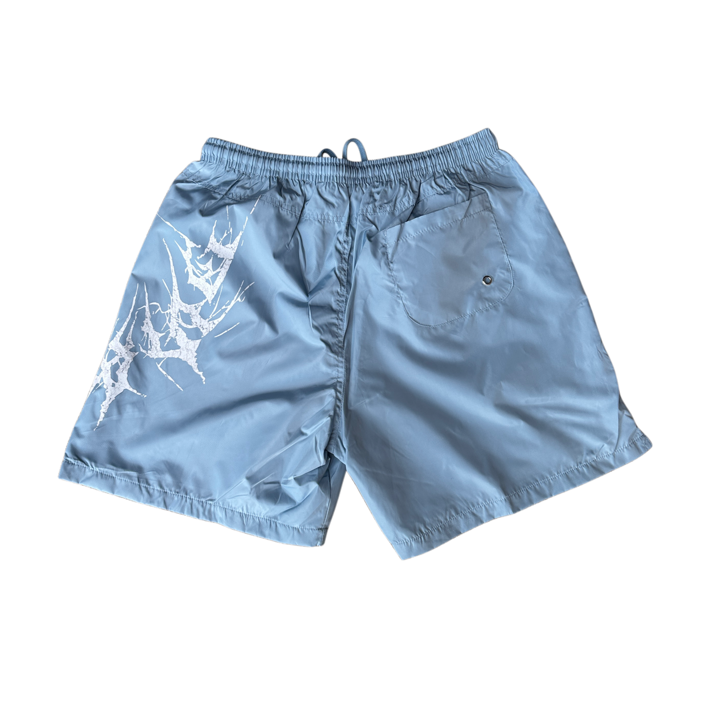 Back view of Light blue shorts with light blue drawstrings and white lettering on the left leg reading “KINSANE”