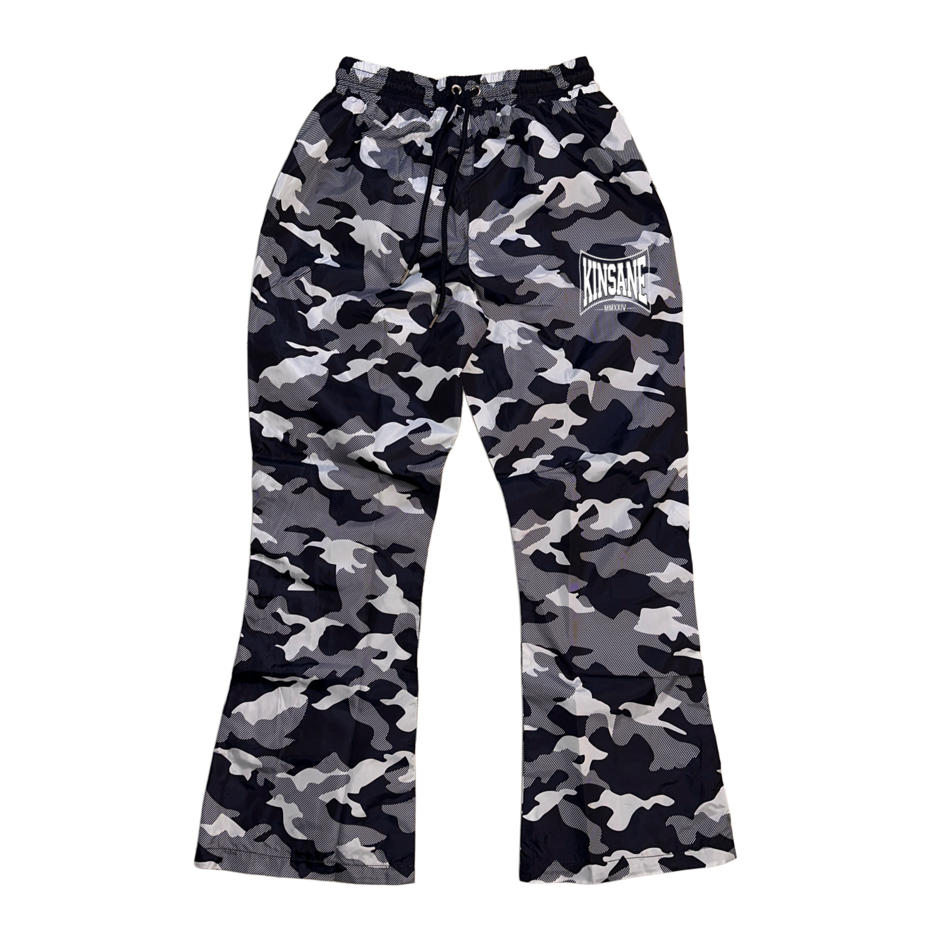 Camo baggy sweatpants with white logo lettering on the right side reading “KINSANE MMXXIV” 