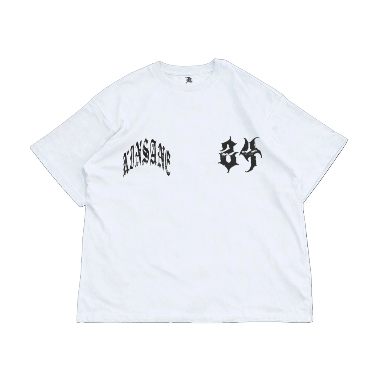 White t shirt with black text reading “KINSANE” and “24” 