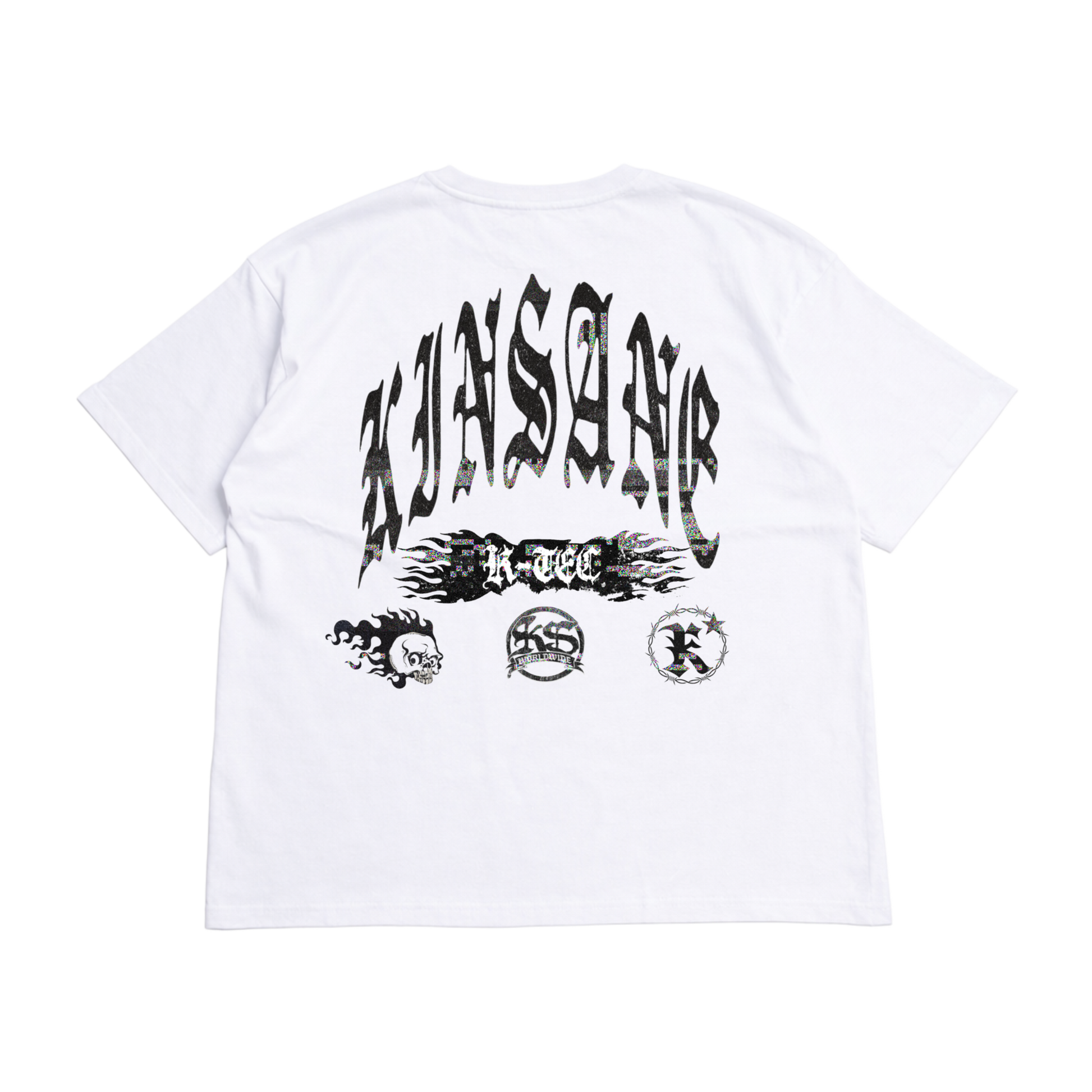 Back view of a white t shirt with black text reading “KINSANE” and a black flamed logo reading “K-TEC” and three smaller black logos 