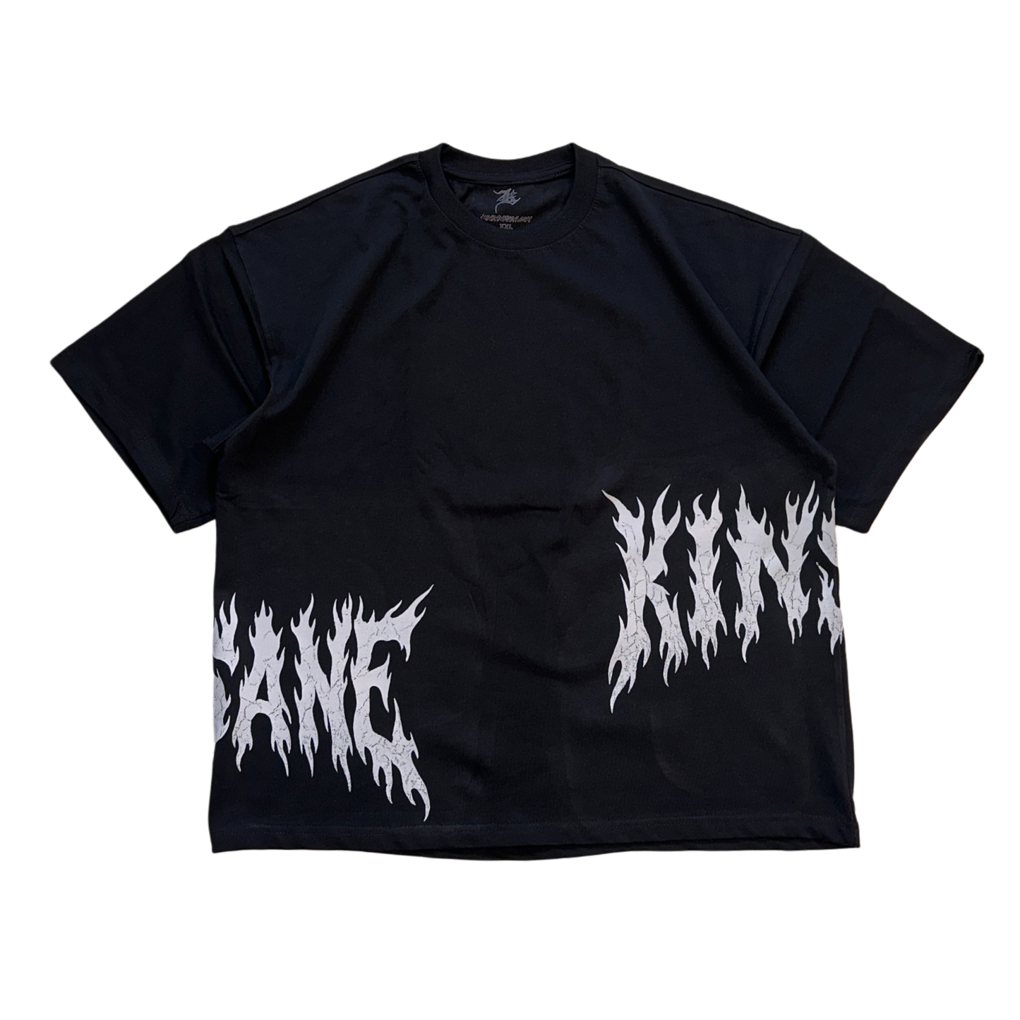 Black T-shirt with white flamed lettering on the sides reading “KIN” and “SANE” 