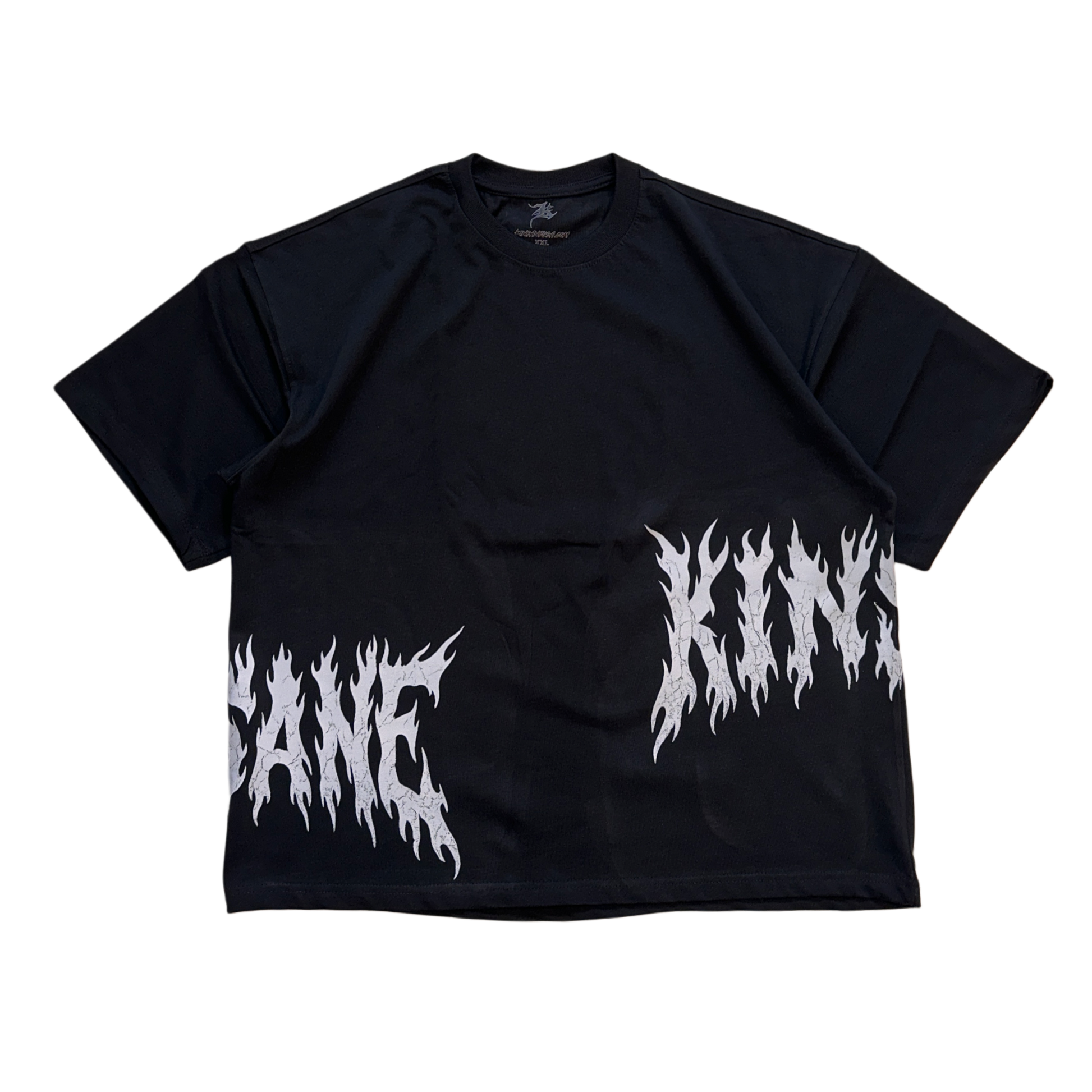 Black T-shirt with white flamed lettering on the sides reading “KIN” and “SANE” 