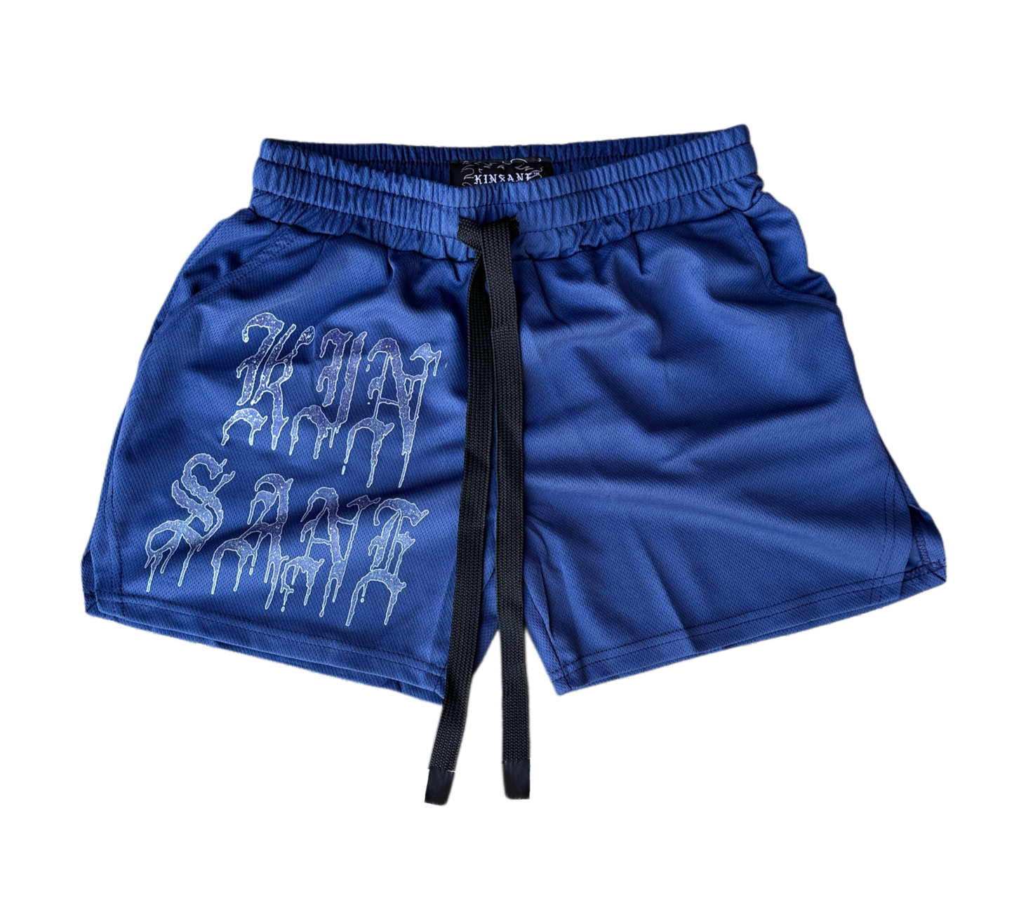 Navy blue athletic shorts with elastic waistband and black drawstrings and blue lettering reading “KINSANE” on the right leg 