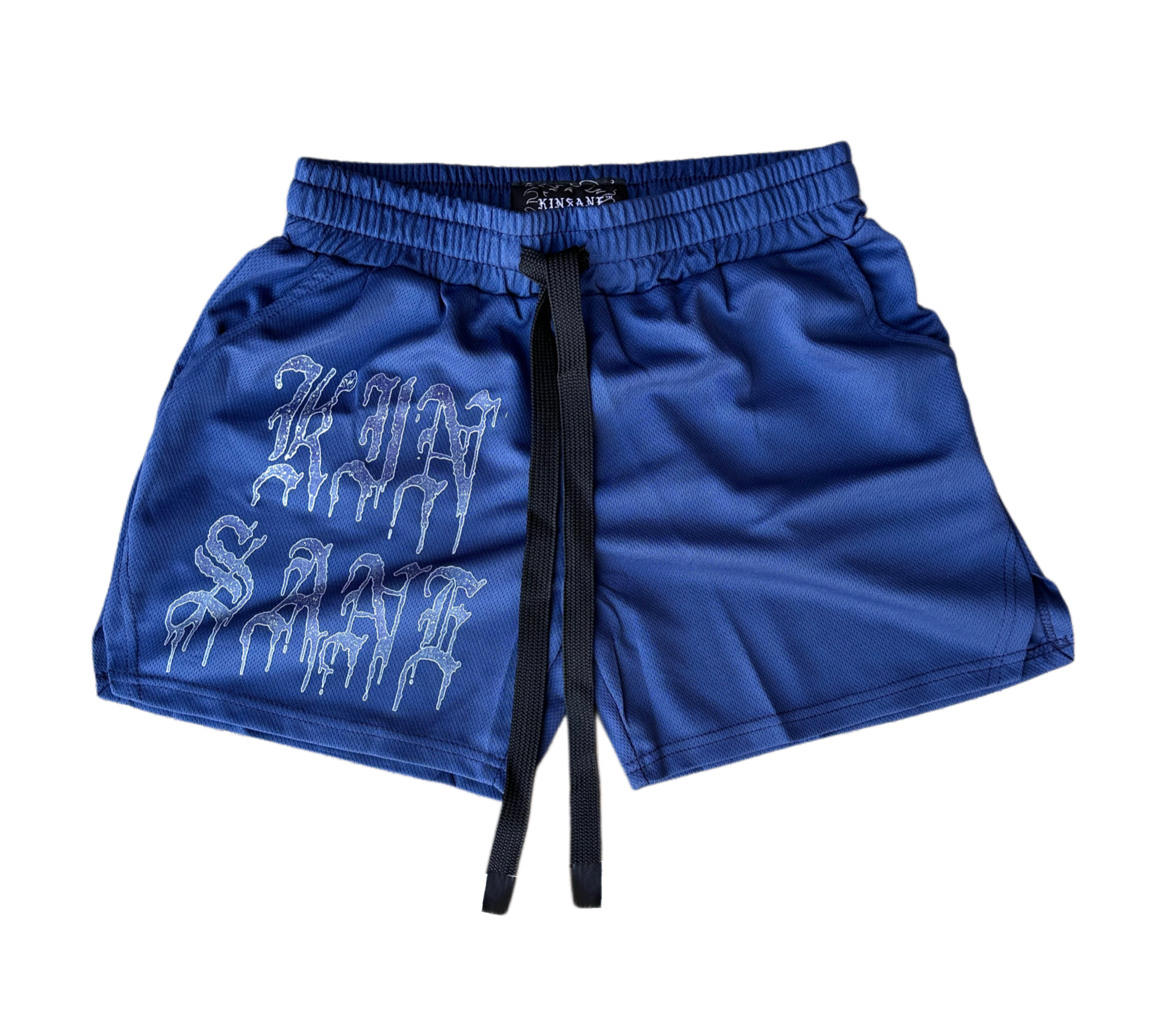 Navy blue athletic shorts with elastic waistband and black drawstrings and blue lettering reading “KINSANE” on the right leg 