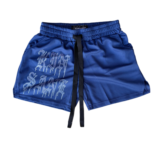Navy blue athletic shorts with elastic waistband and black drawstrings and blue lettering reading “KINSANE” on the right leg 