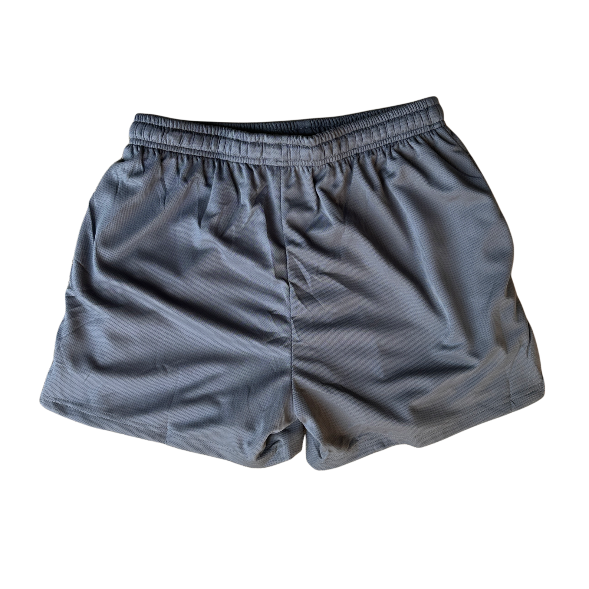 Back view of plain gray athletic shorts 