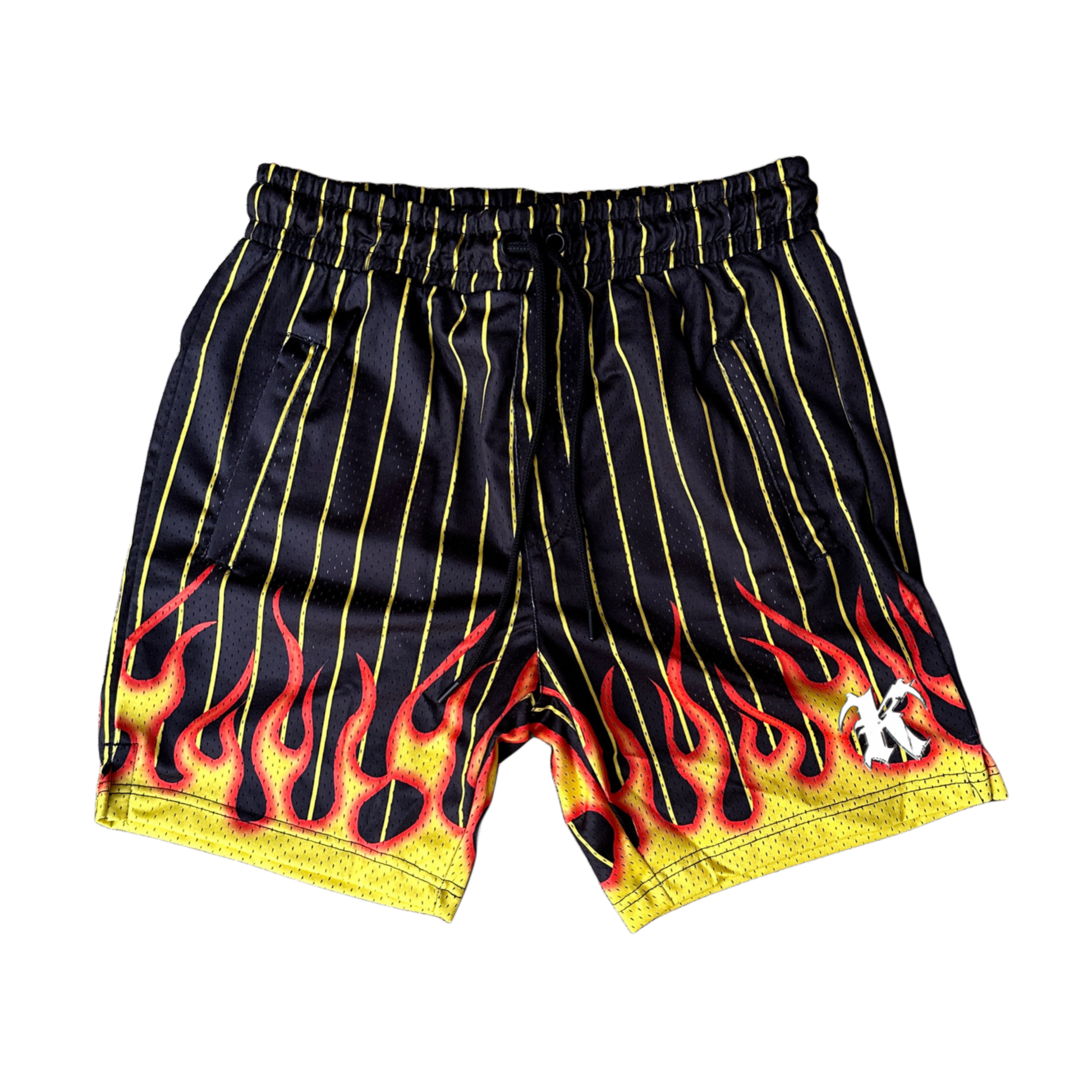 Black and yellow shorts with flames design with a white “K” logo on the right side 