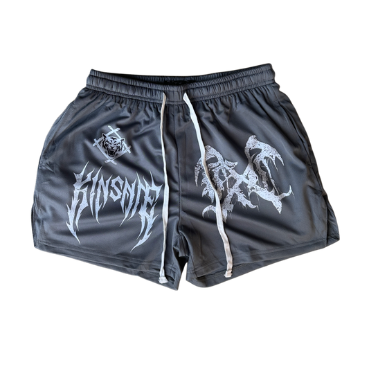 Gray athletic shorts with white drawstrings and a white logo on the right side and a white logo and white text reading “KINSANE” on the left side 