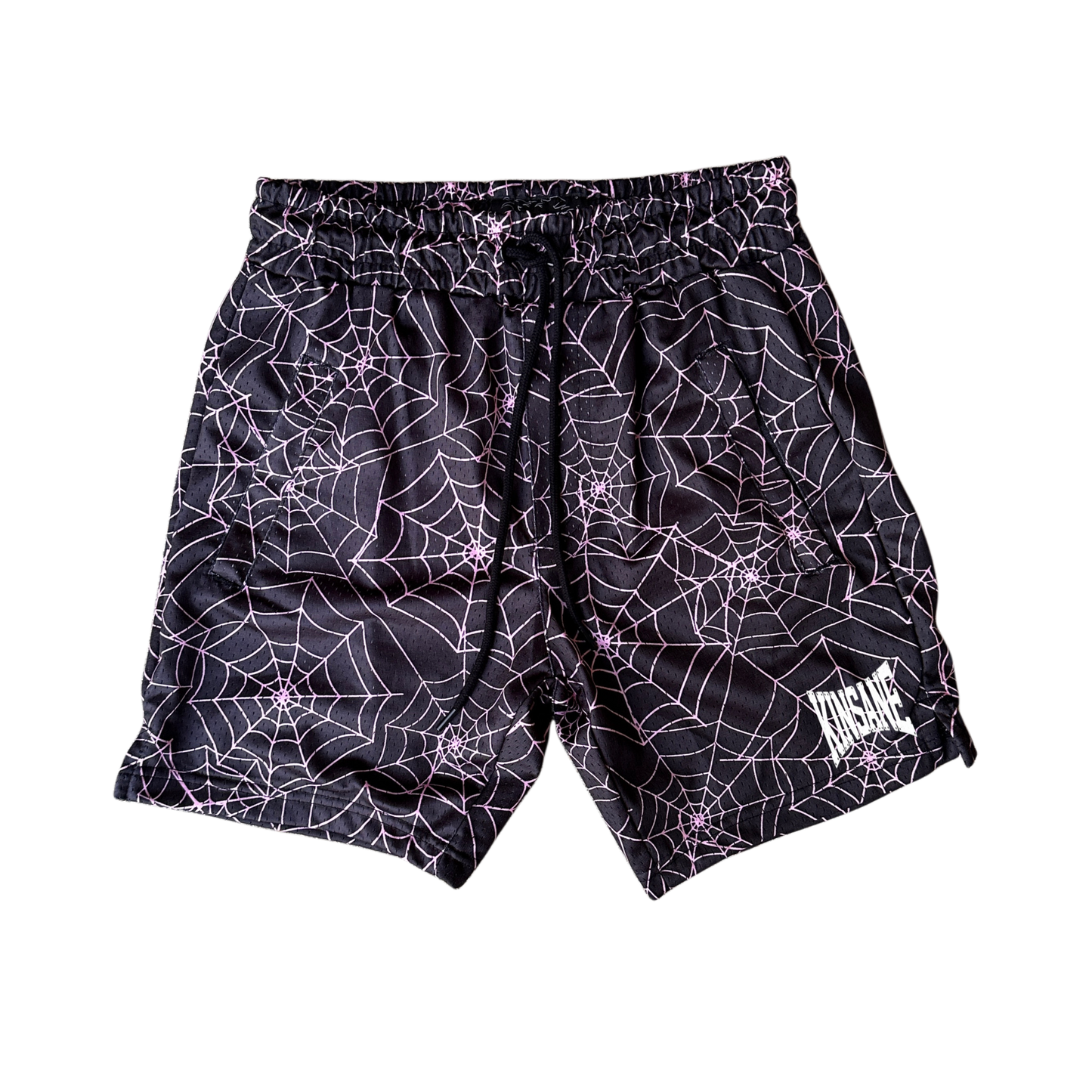Black shorts with pink web design and white text reading “KINSANE” 