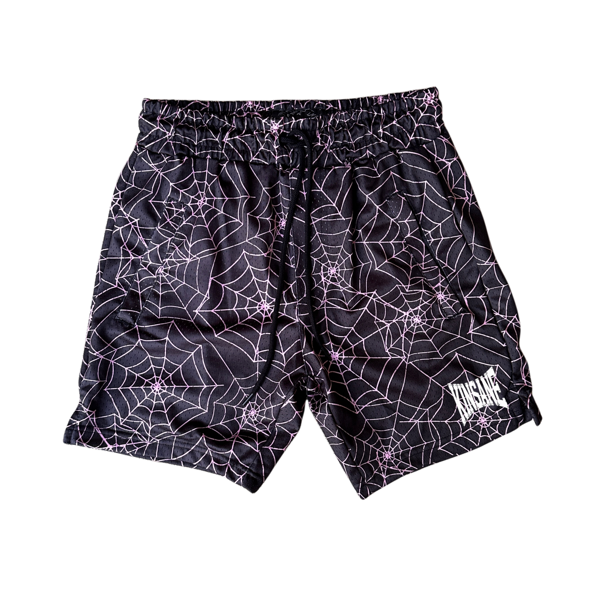Black shorts with pink web design and white text reading “KINSANE” 