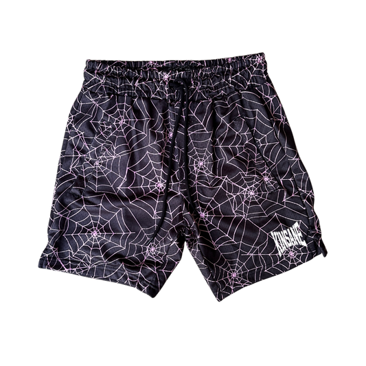 Black shorts with pink web design and white text reading “KINSANE” 