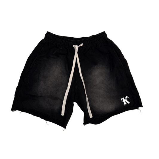  Black acid washed shorts with white drawstrings and white “K” logo on the right side 