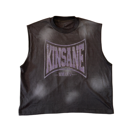 Gray acid washed sleeveless shirt with grayish logo and lettering reading “KINSANE MMXXIV” 