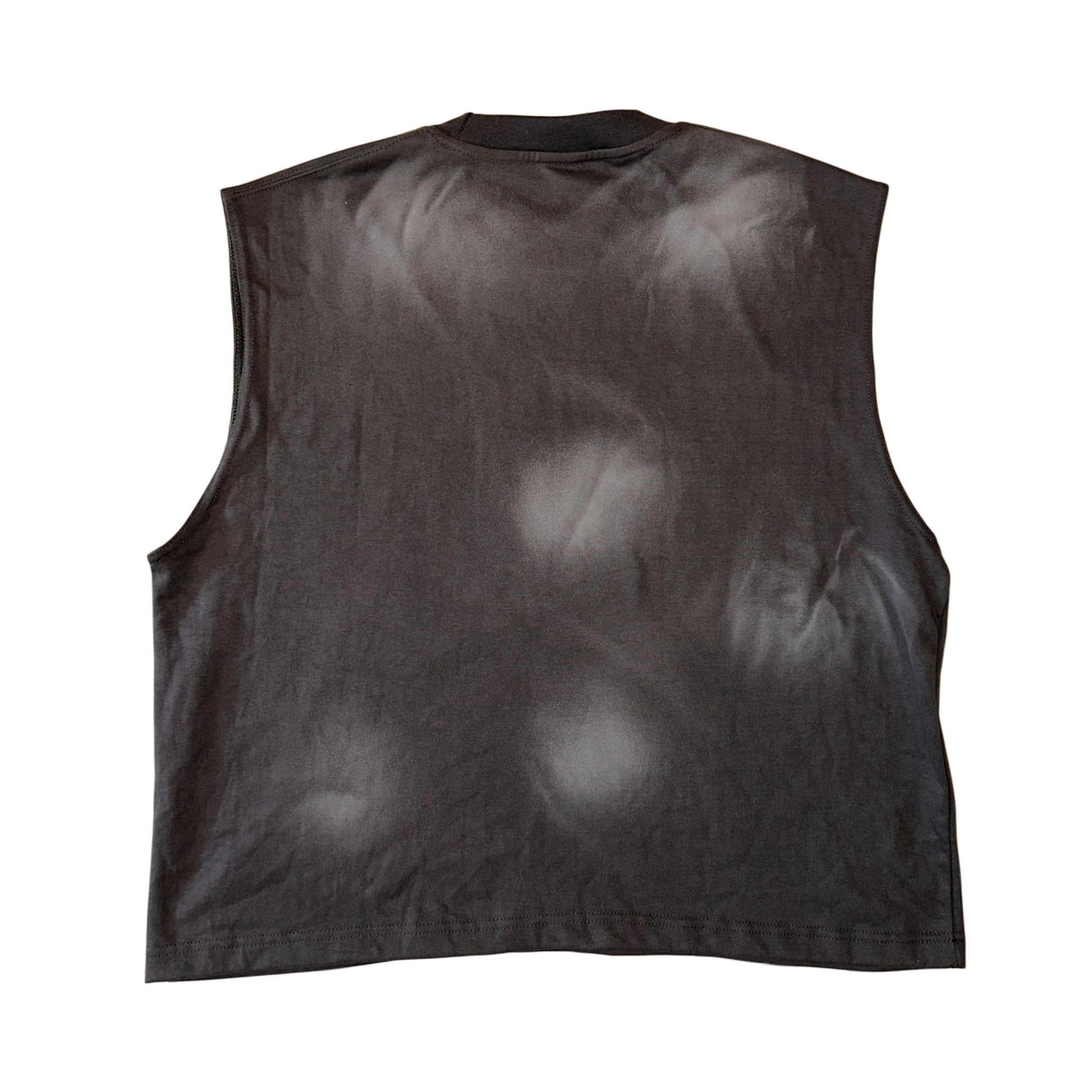 Back view of plain gray acid washed sleeveless shirt 