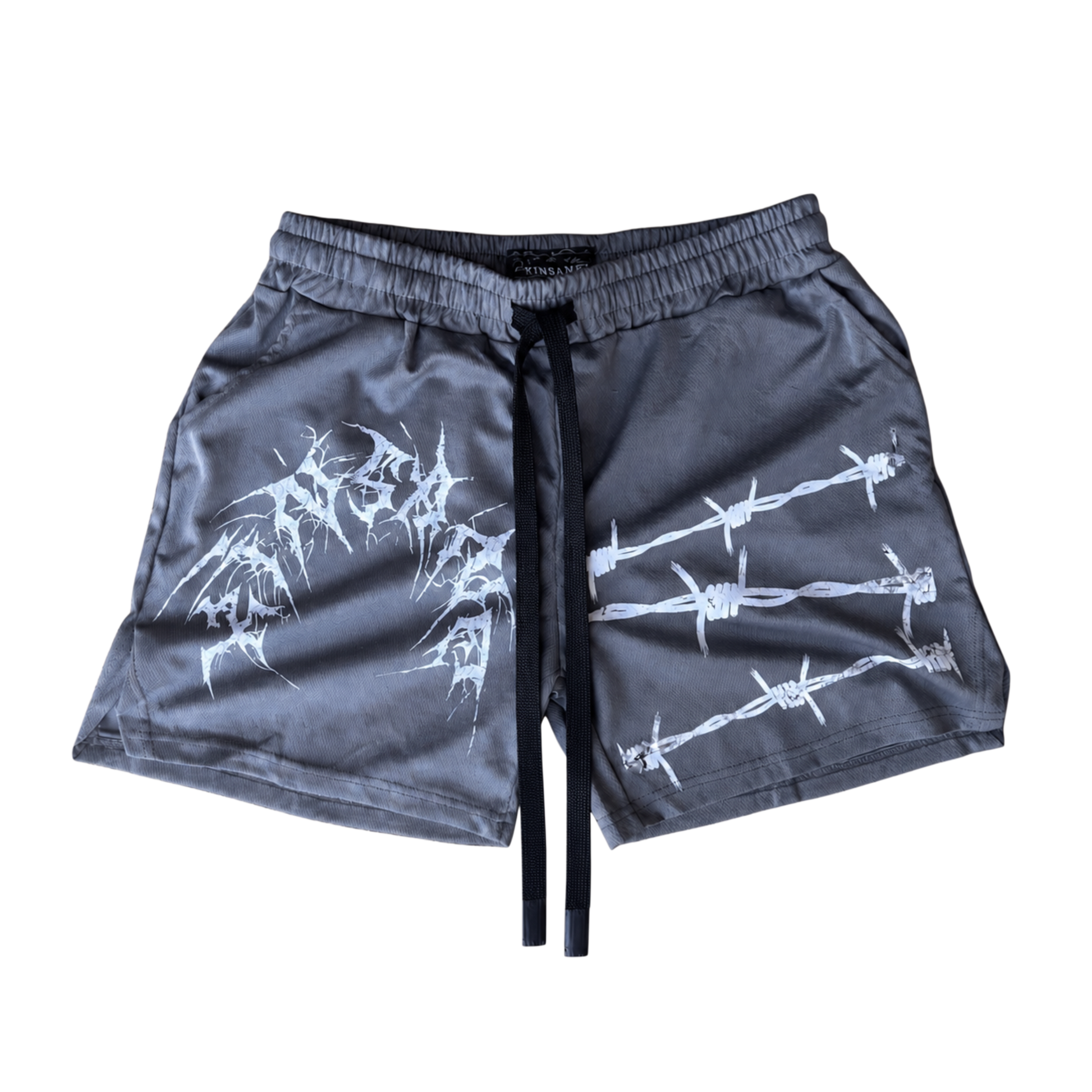 gray athletic shorts with black drawstrings and white text reading “KINSANE” on the left side and white barbed wire design on the right side 