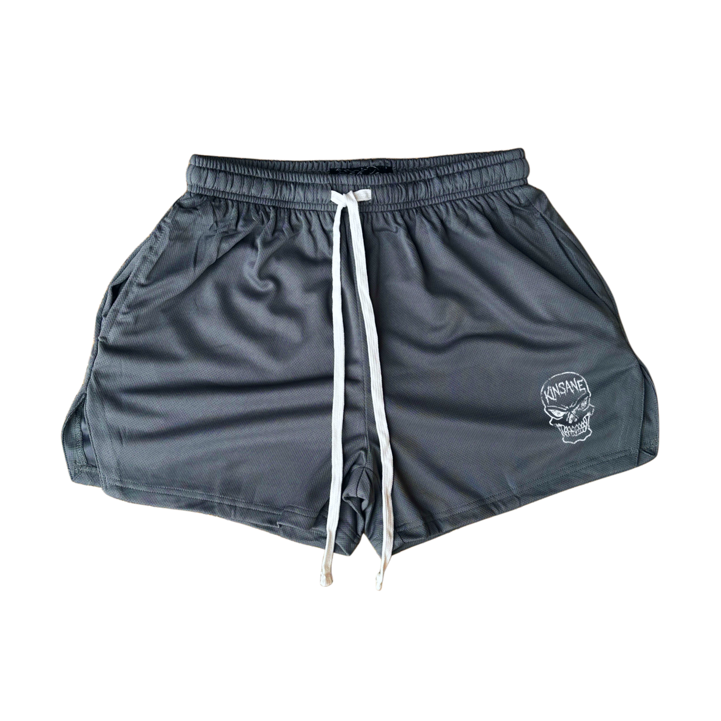Gray athletic shorts with white drawstrings and a white skull logo with white text reading “KINSANE” on the right side 