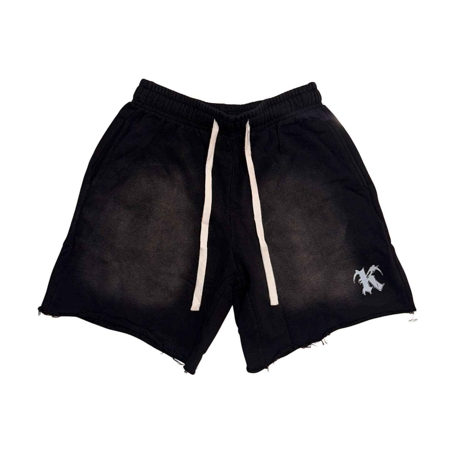  Black acid washed shorts with white drawstrings and white “K” logo on the right side 