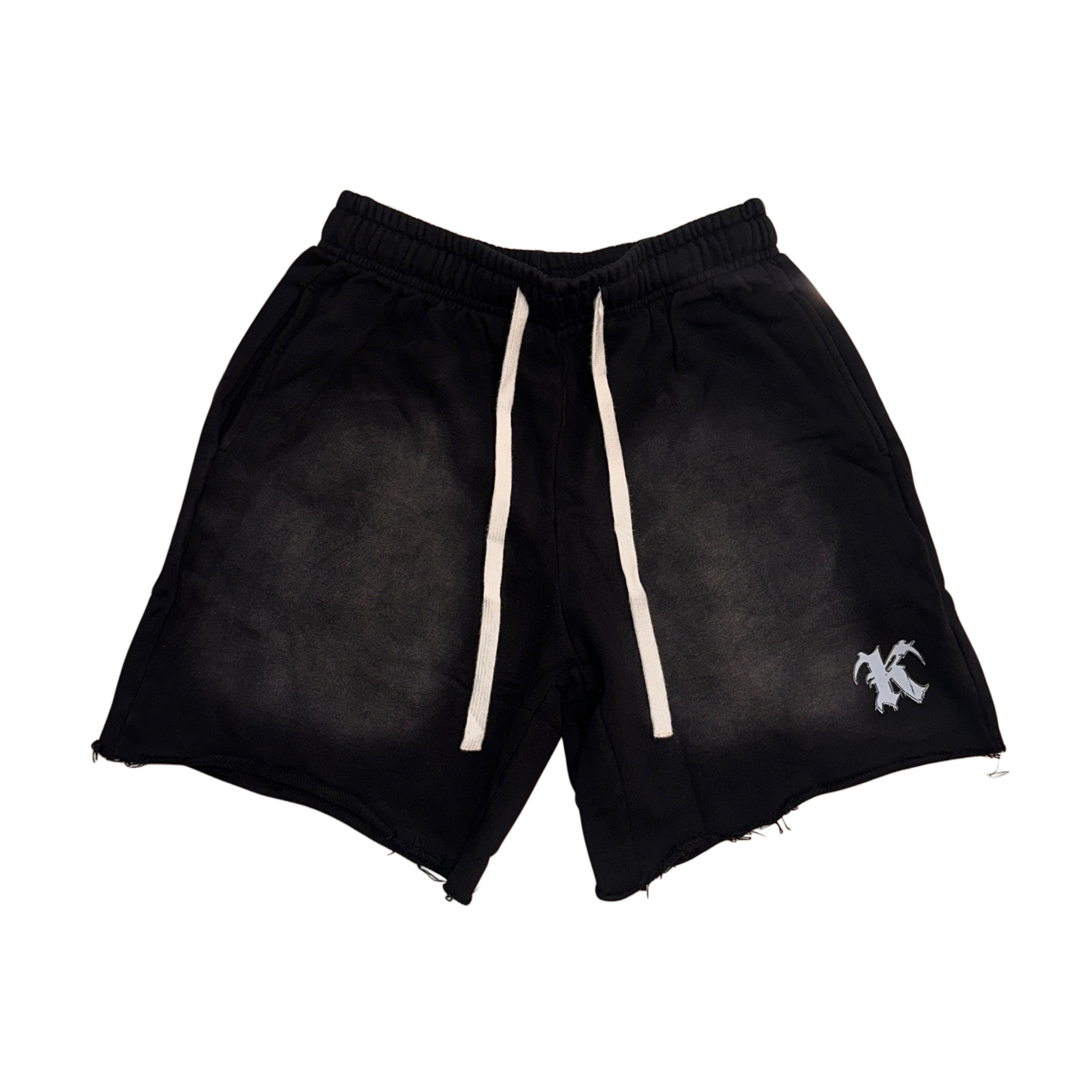  Black acid washed shorts with white drawstrings and white “K” logo on the right side 