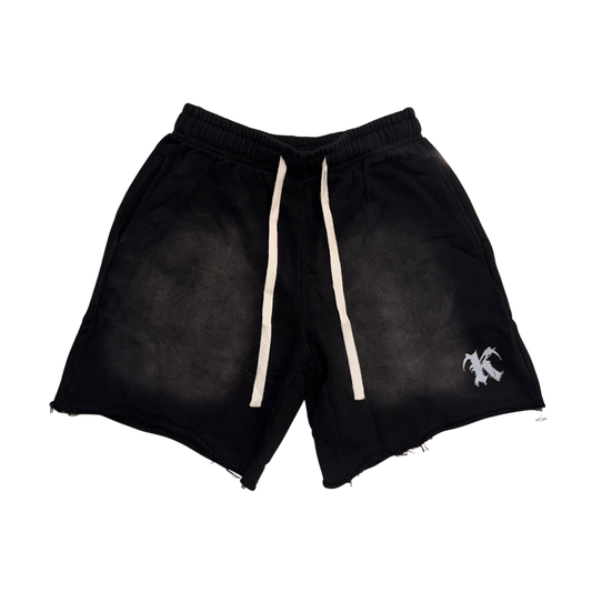  Black acid washed shorts with white drawstrings and white “K” logo on the right side 
