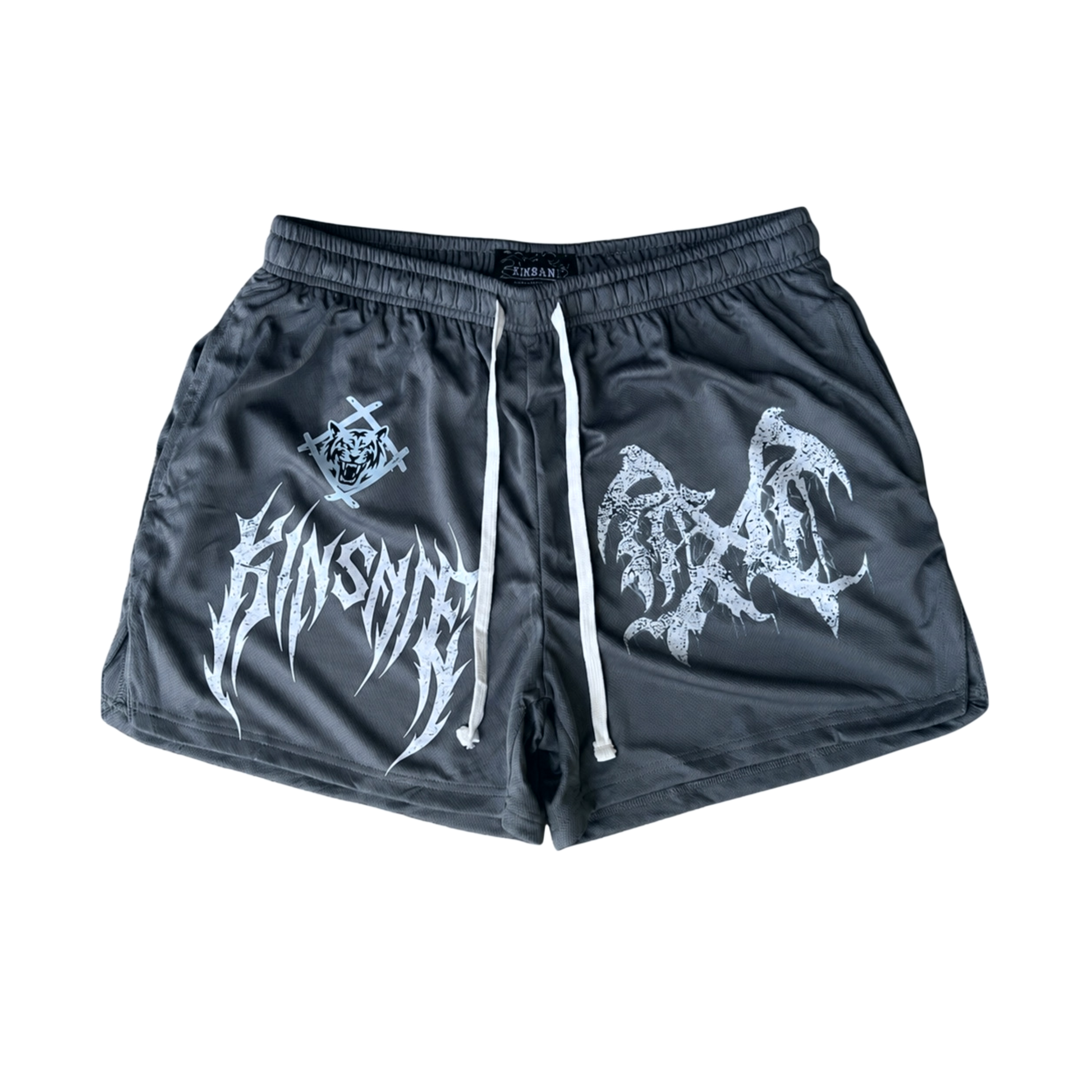 Gray athletic shorts with white drawstrings and a white logo on the right side and a white logo and white text reading “KINSANE” on the left side 