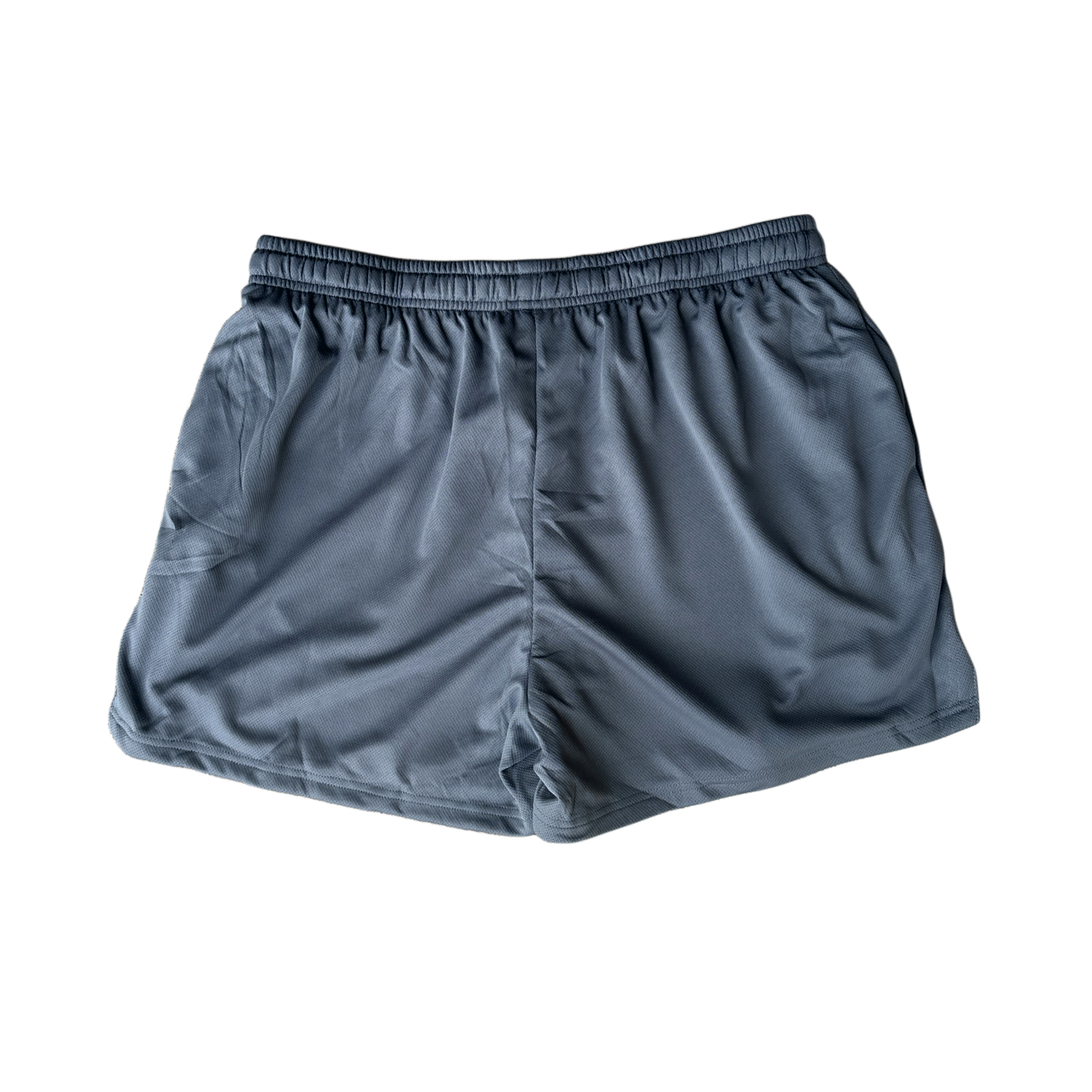 Back view of plain gray athletic shorts 