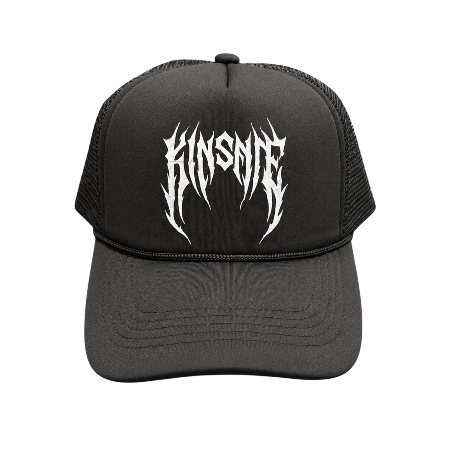 Mesh trucker hat with black front panel with white tribal lettering reading “KINSANE”