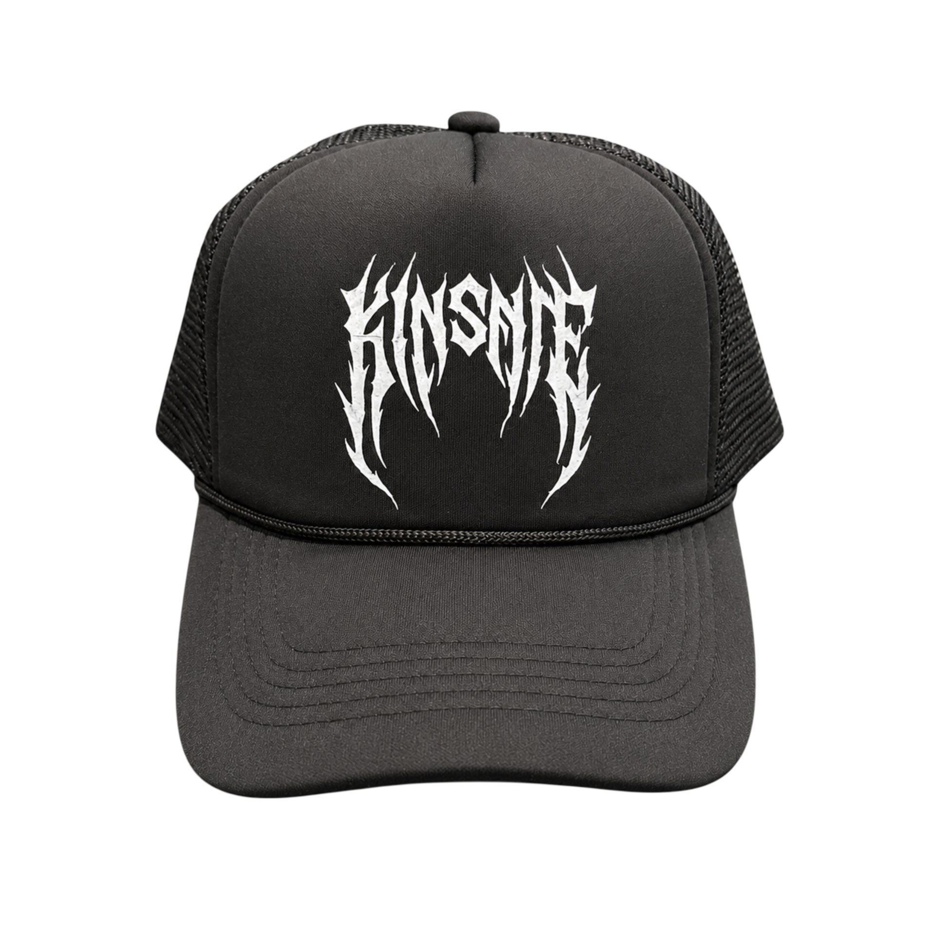 Mesh trucker hat with black front panel with white tribal lettering reading “KINSANE”