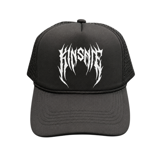 Mesh trucker hat with black front panel with white tribal lettering reading “KINSANE”