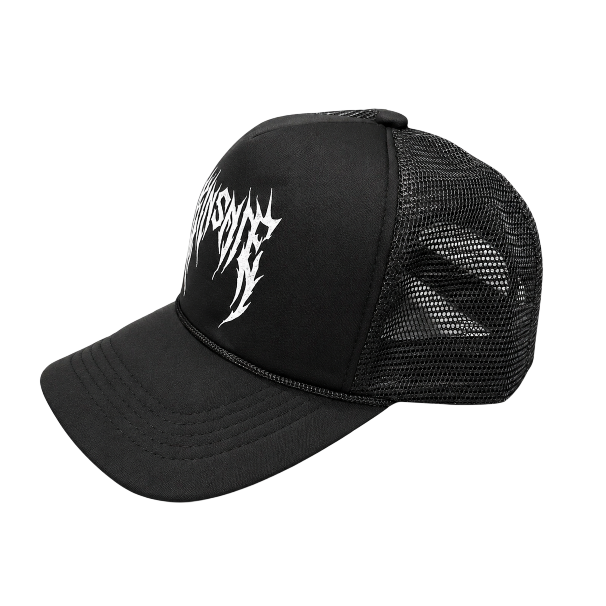 Side view of Mesh trucker hat with black front panel with white tribal lettering reading “KINSANE”