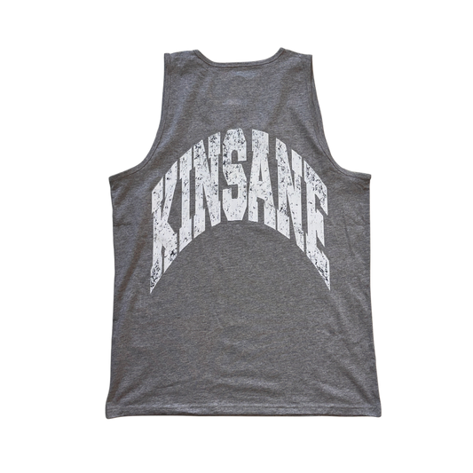 Back view of a gray tank top with white text reading “KINSANE” 