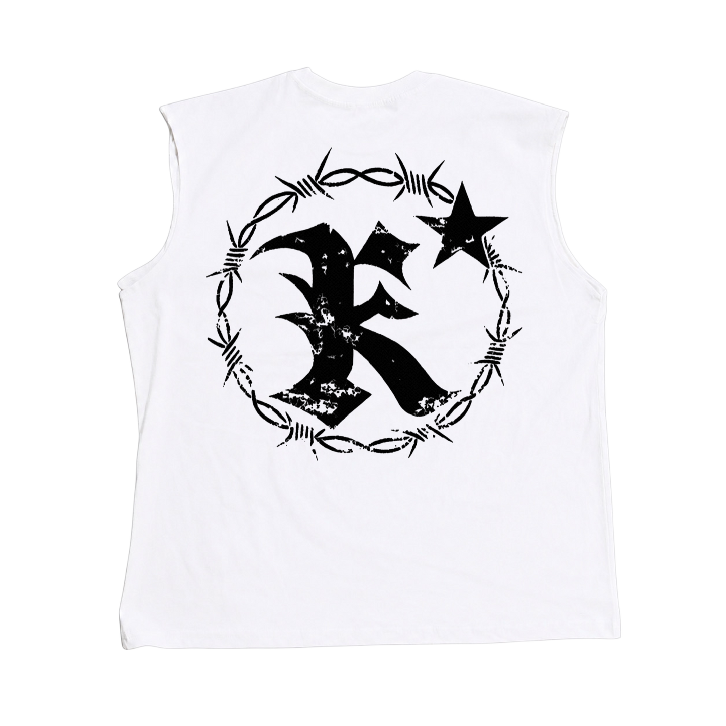 Back view of a white sleeveless shirt with black barbed wire logo and letter “K”