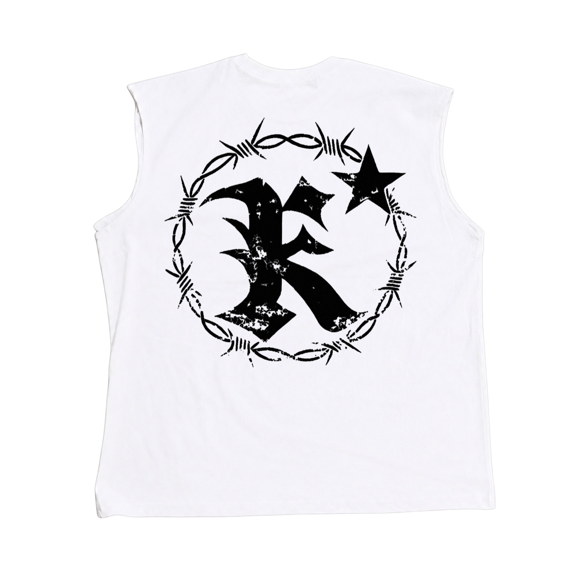 Back view of a white sleeveless shirt with black barbed wire logo and letter “K”