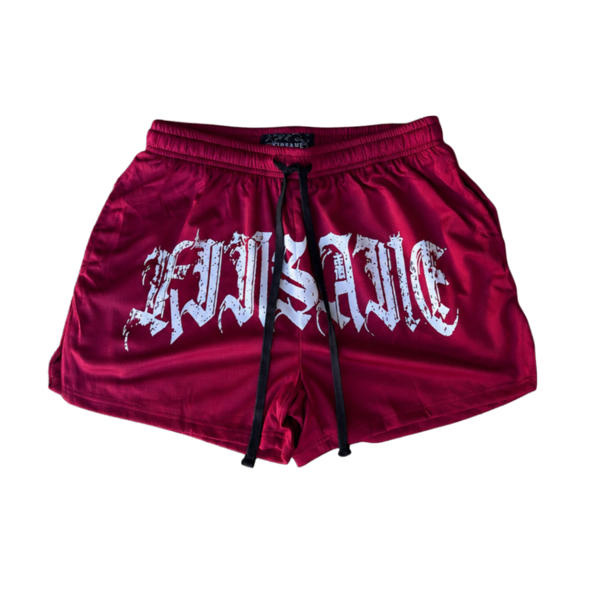 Red athletic shorts with black drawstrings with white text across the front reading “KINSANE” 