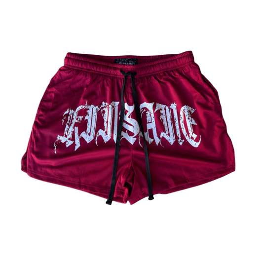 Red athletic shorts with black drawstrings with white text across the front reading “KINSANE” 