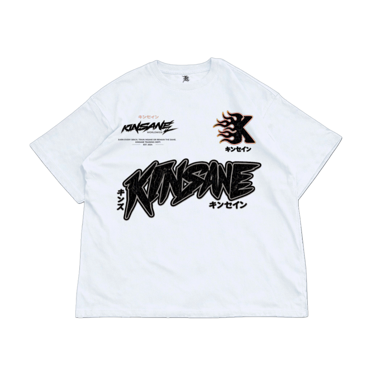 White graphic T-shirt featuring distressed KINSANE branding, Japanese text accents, a flame-style K chest logo, and bold athletic streetwear graphics.