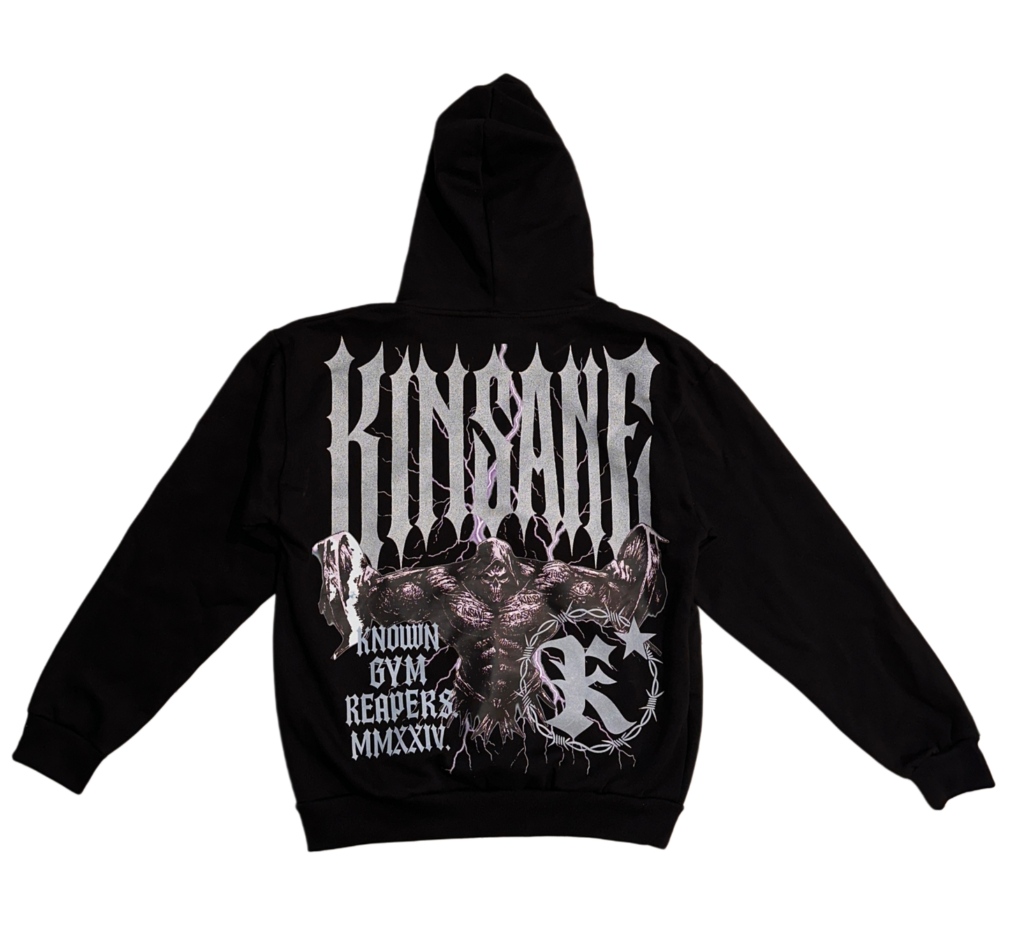 Back view of a black hoodie with a reaper lifting weights and silver spiked lettering reading “KINSANE” and silver lettering reading “KNOWN GYM REAPERS” 