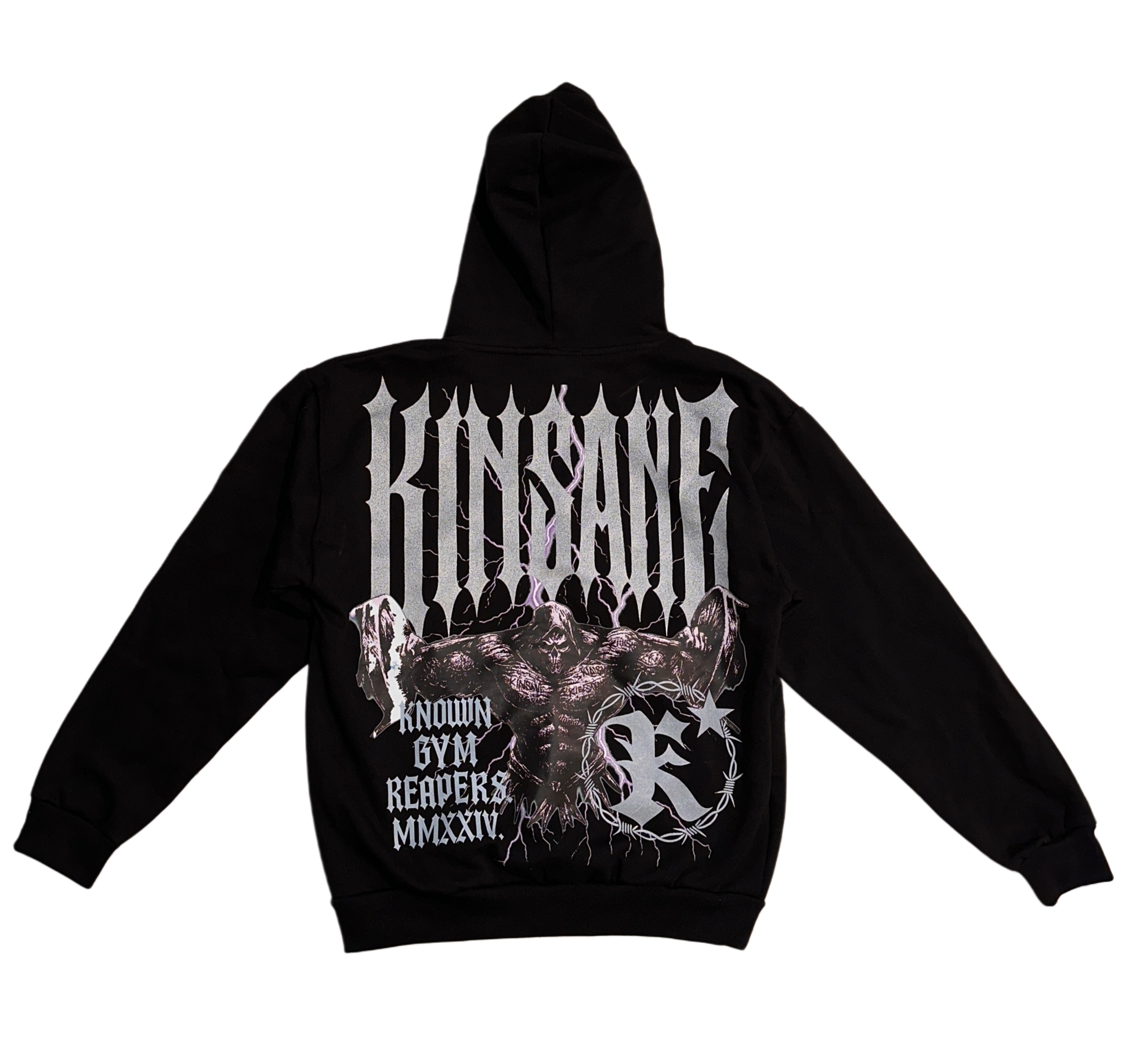 Back view of a black hoodie with a reaper lifting weights and silver spiked lettering reading “KINSANE” and silver lettering reading “KNOWN GYM REAPERS” 