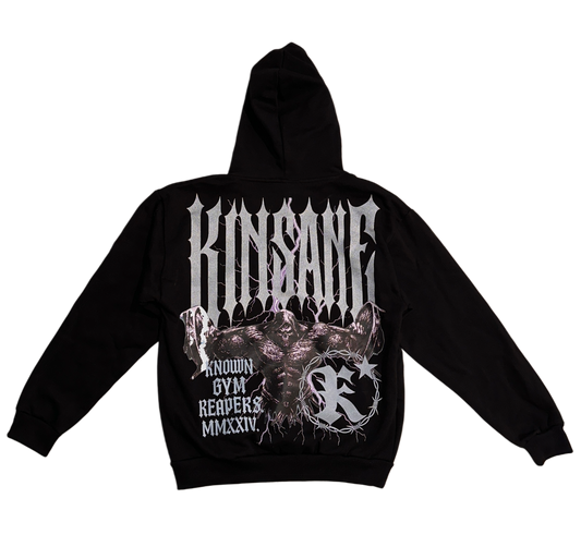 Back view of a black hoodie with a reaper lifting weights and silver spiked lettering reading “KINSANE” and silver lettering reading “KNOWN GYM REAPERS” 