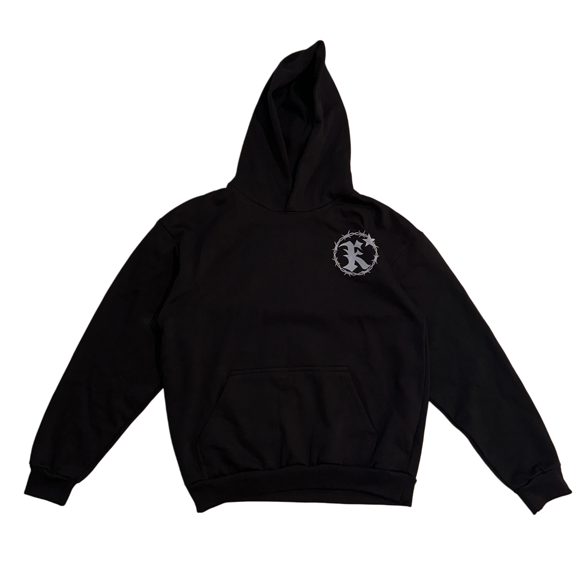 Black hoodie with a silver barbed wire logo 