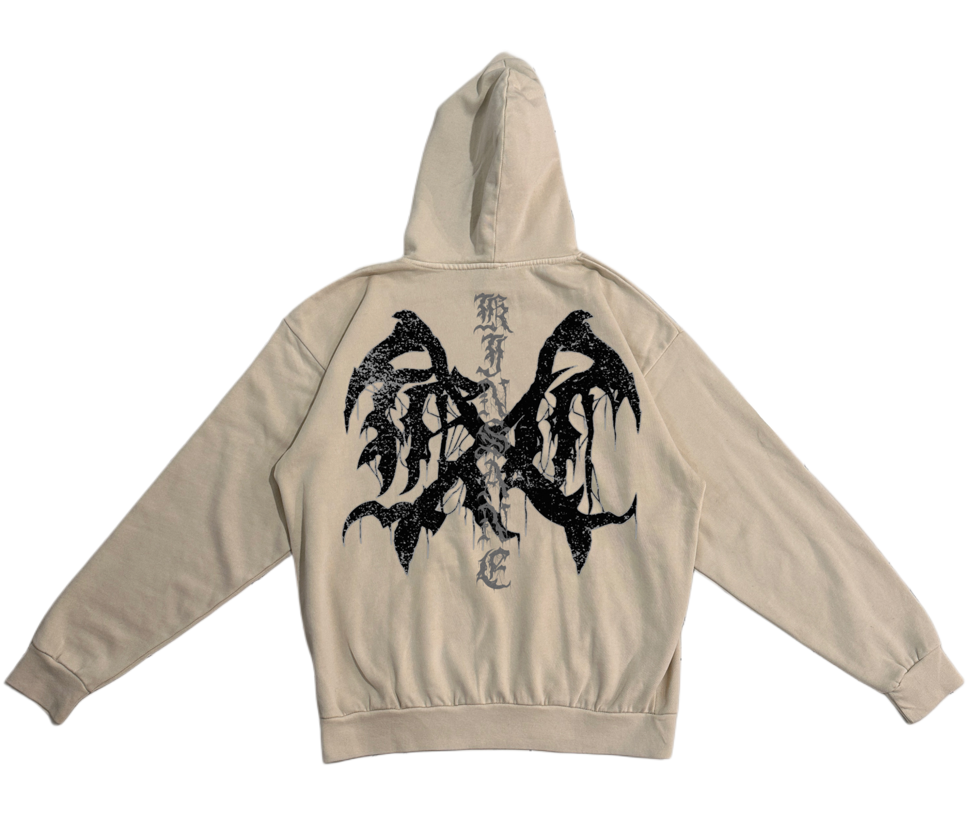 Back view of a tan hoodie with black logo and silver lettering reading “KINSANE” 