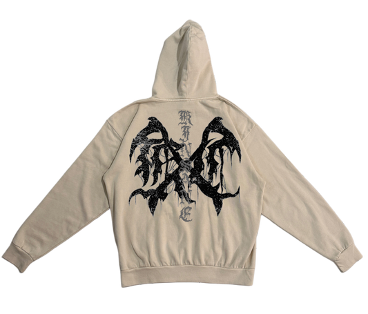 Back view of a tan hoodie with black logo and silver lettering reading “KINSANE” 
