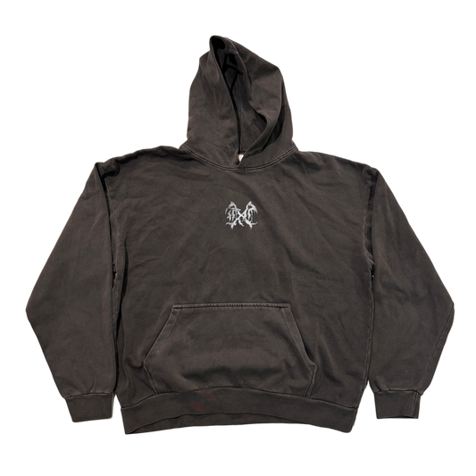 Dark Grey hoodie with a white logo on the front 