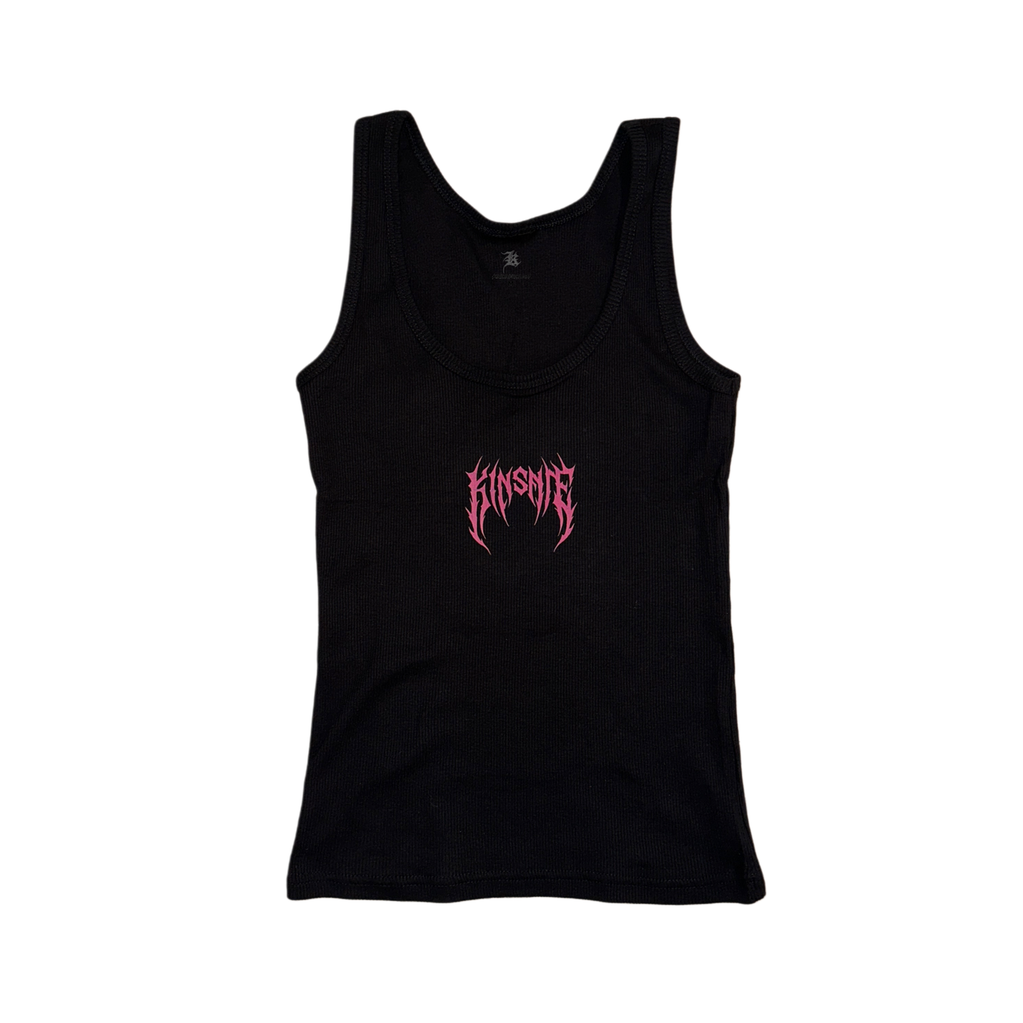 Black tank top with pink tribal lettering reading “KINSANE” 