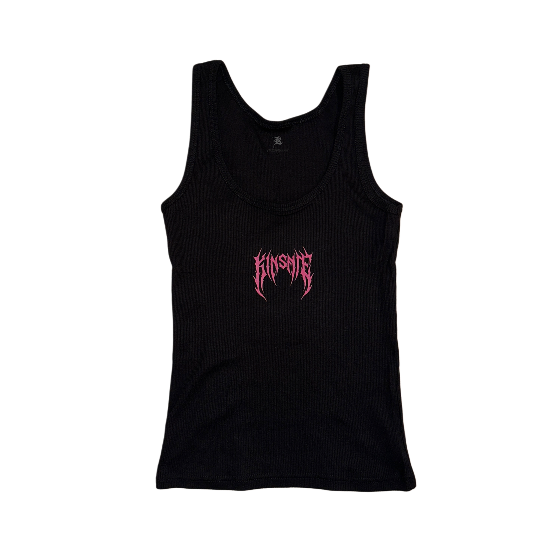 Black tank top with pink tribal lettering reading “KINSANE” 