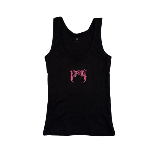 Black tank top with pink tribal lettering reading “KINSANE” 