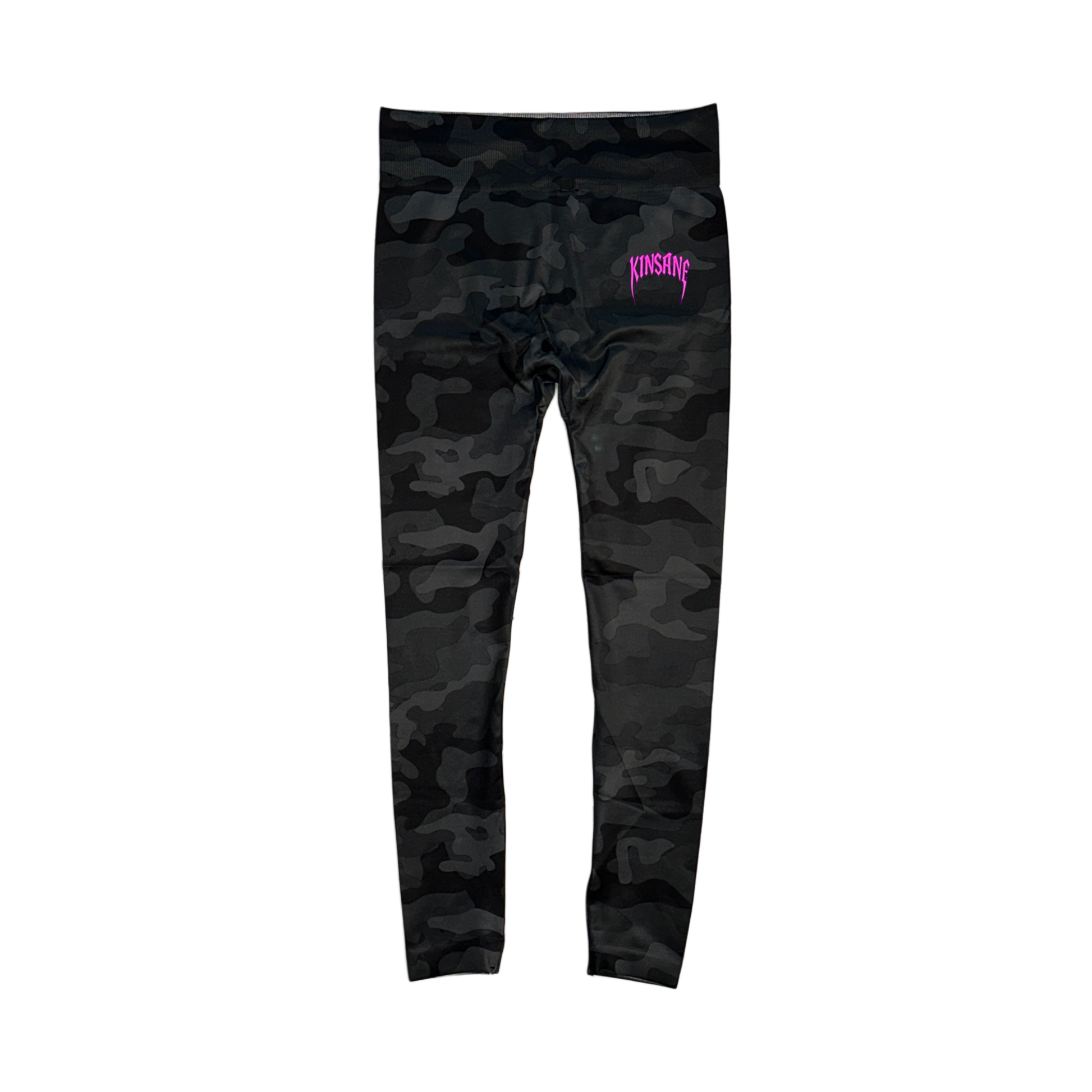 Black and grey camo compression leggings with pink heavy metal lettering reading “KINSANE” on the right leg 