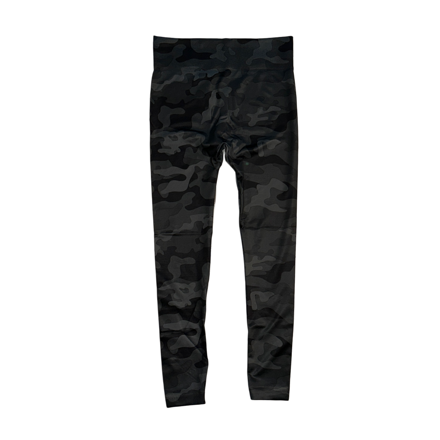 Back view of plain black and grey camo compression leggings