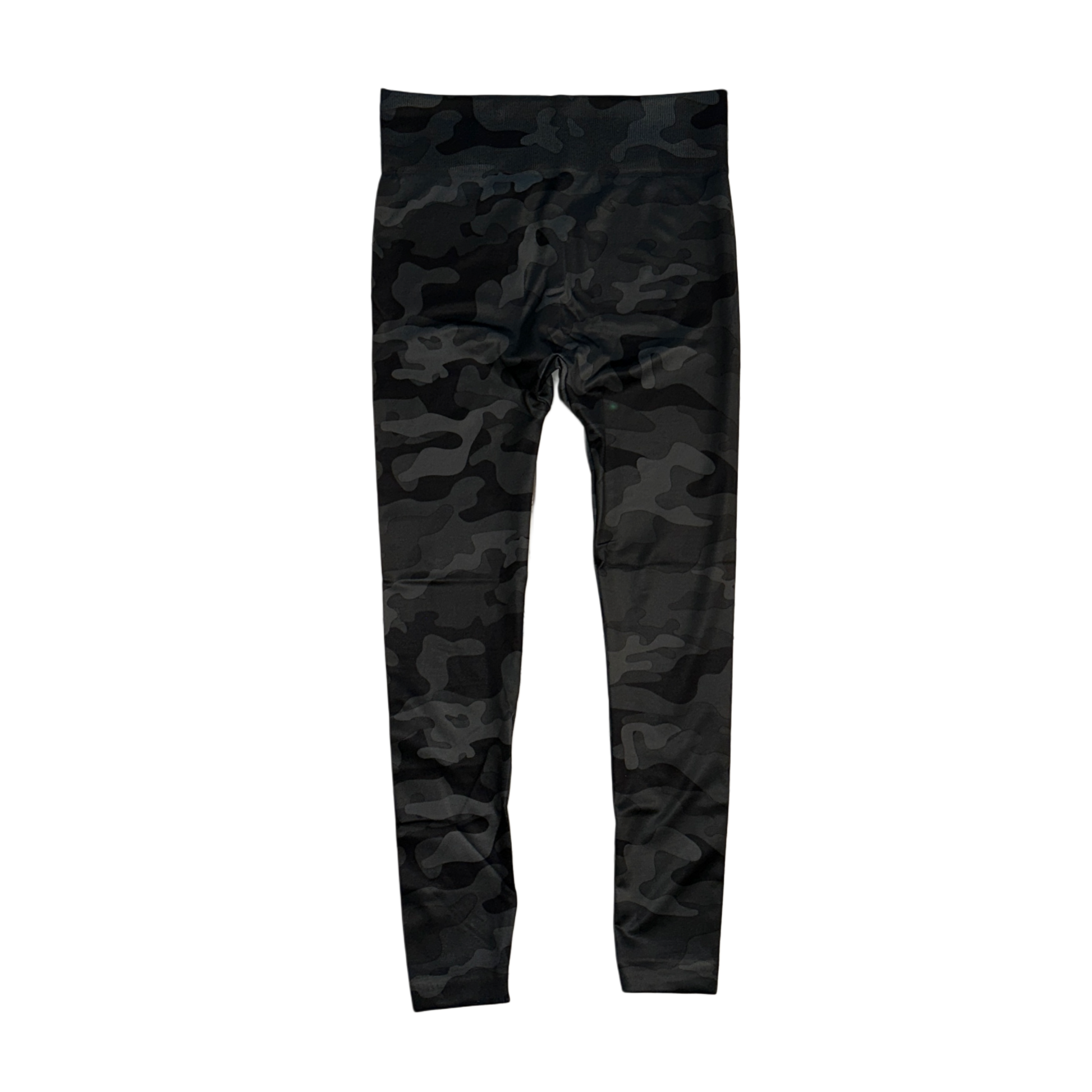 Back view of plain black and grey camo compression leggings
