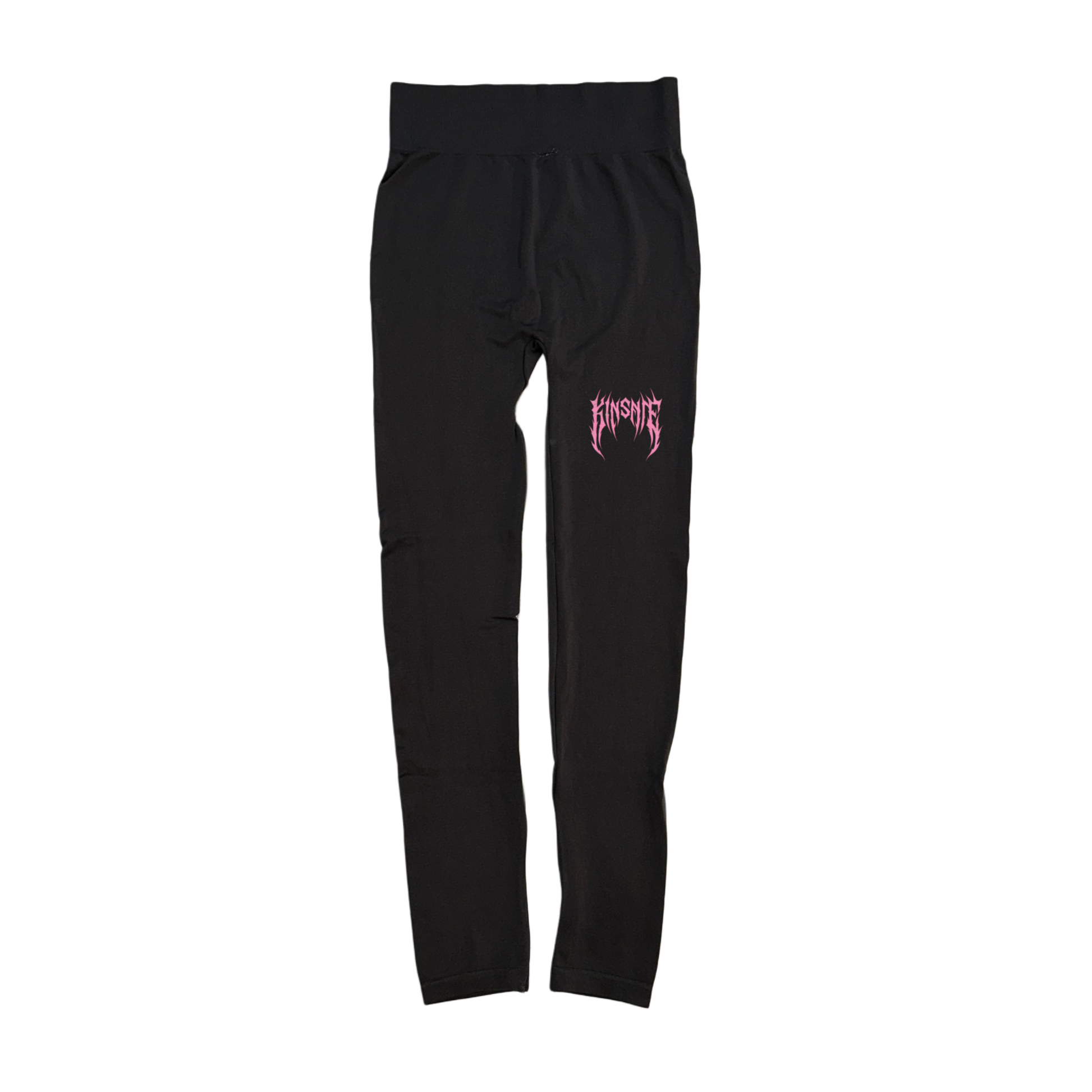 Black compression leggings with pink tribal lettering reading “KINSANE” on the right leg 